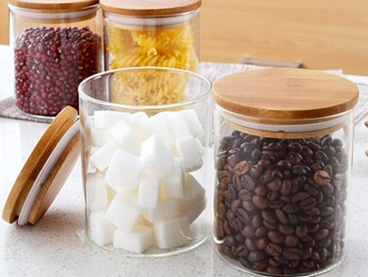 Glass Jars with air tight wooden Kitchen Storage Containers